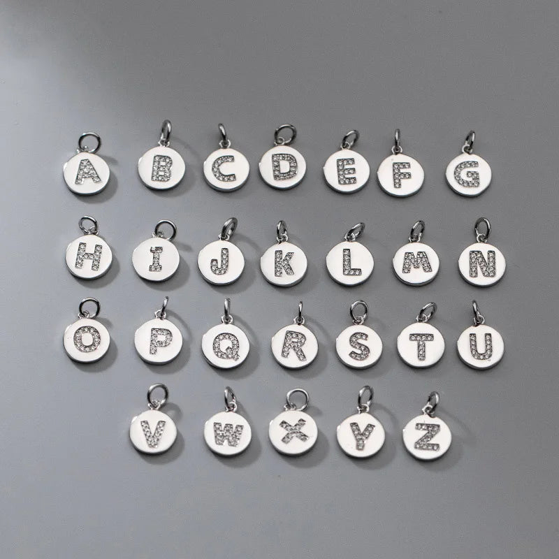 9.5mm Disc A-Z Initial Letter Charm 925 Sterling Silver Shiny Zircon 26 Alphabet Letter Pendant for DIY Jewelry Making Supplies