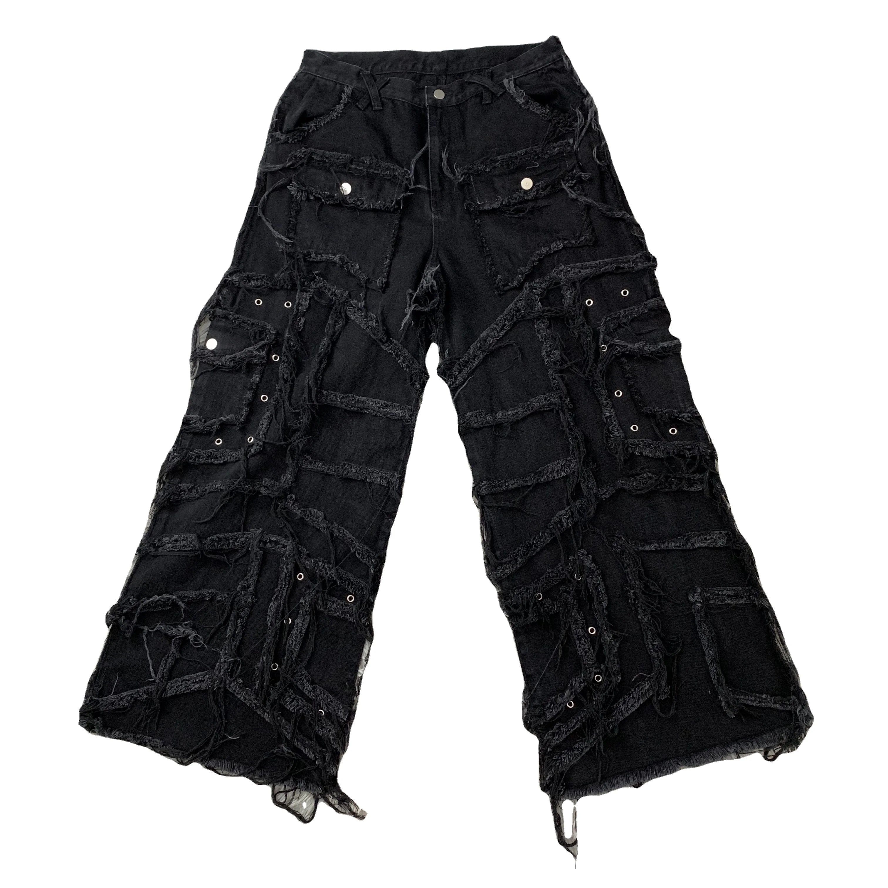 DENIMGUYS Y2k Make Old Patchwork Denim Fringe Pants Men Street Hip Hop Style Baggy Ripped Jeans