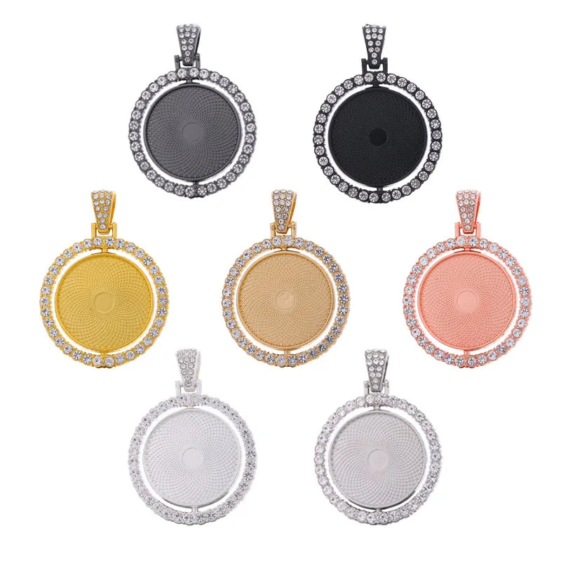 25mm Wholesale Sublimation Blank Necklaces Rotatipm Iced Out Pendant Diamond Double Sided Charms for Jewelry Making
