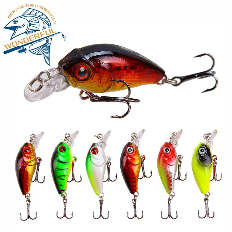 50mm 6 Colors Plastic Hard Simulation Topwater Mini Crankbait Fishing Lures With 3D Eyes