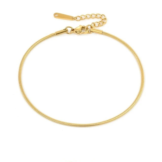 High End Tarnish Free Waterproof 18k PVD Gold Plated Stainless Steel Round Snake Chain Anklet for Women Summer Beach Jewelry