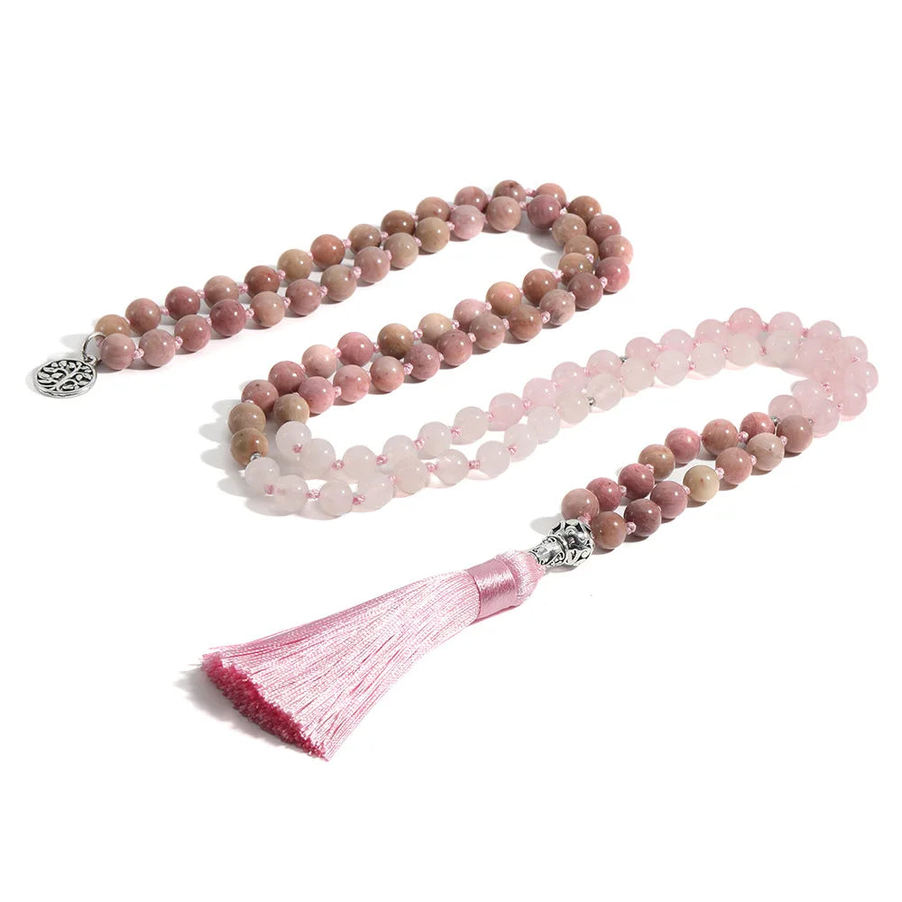 8mm Custom Natural Stone Beaded Necklace Pink Crystal Rhodochrosite Healing Life Tree 108 Japamala Stone Necklace for Women