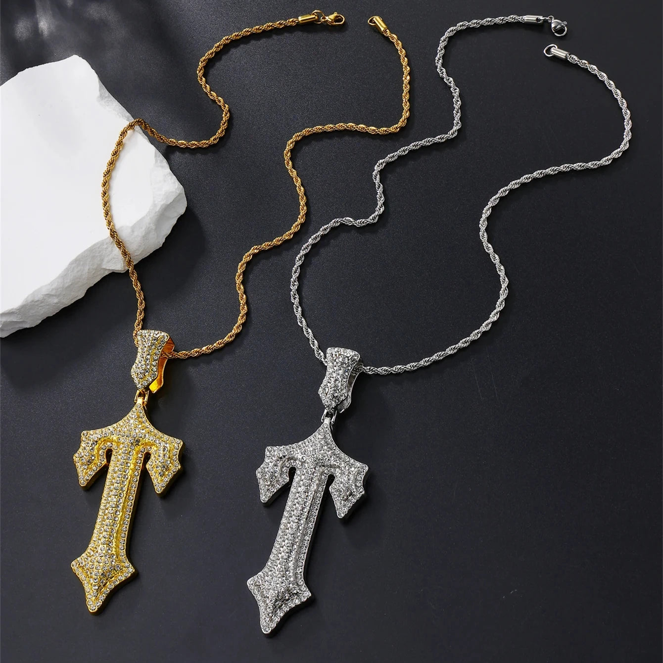 Men's Fashion Cool Hip Hop Gold Silver Plated Cross Pendant Necklace Iced out Big Cross with Alloy Chains for Gift or Wedding