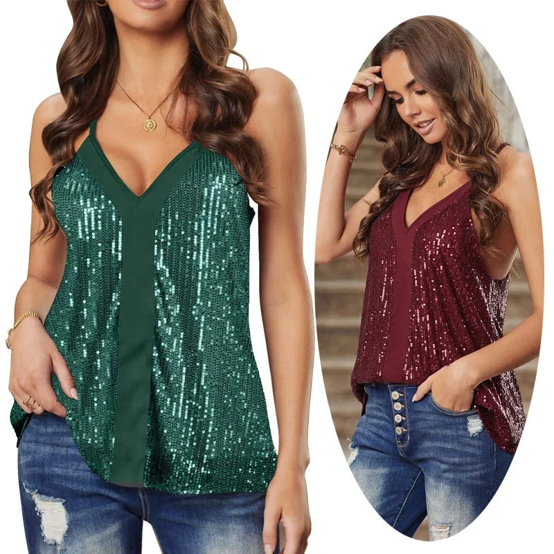 Womens Bling Blouses Sequin Shirt Glitter Tunic Camisole Top Sparkly Halter Vest Shimmer Dress Backless Blouse