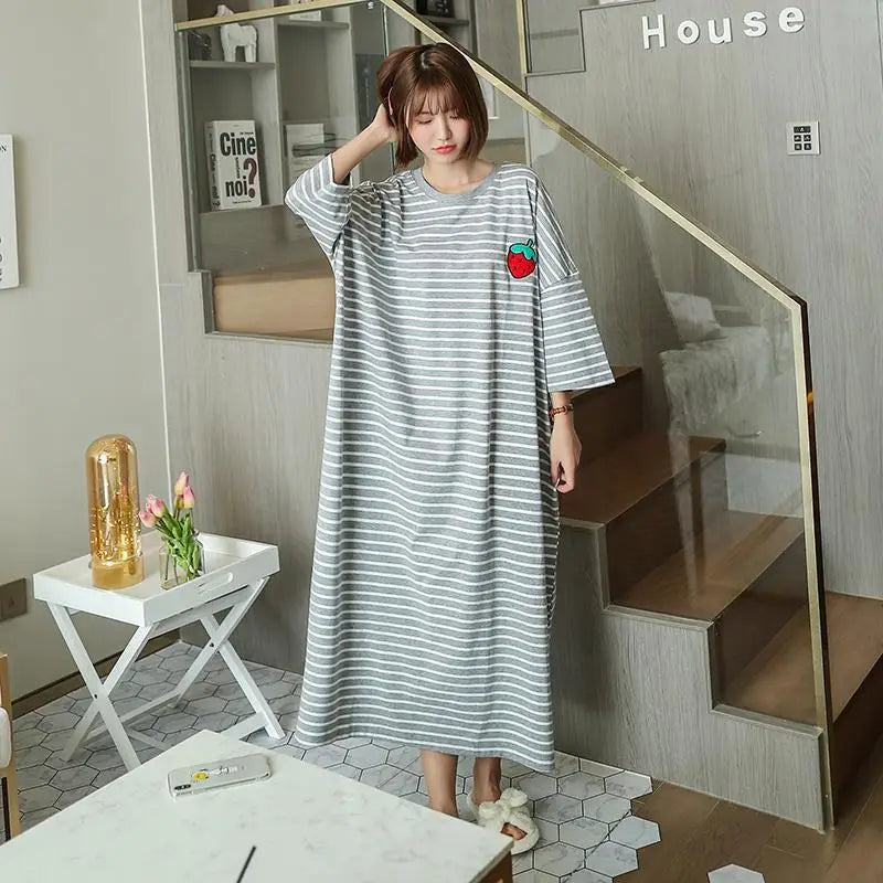 Cute Summer Knitted Short Sleeve Loose Maternity Pajamas Female Elastic Waist Breathable Quick Dry Nightdress