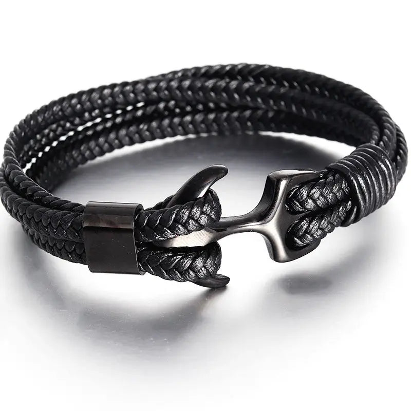 Top Quality Men Titanium Steel Bracelet Personality Leather Woven Anchor Leather Bracelet Rope Leather Bracelet for Gift AN-001