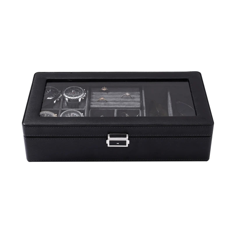 Luxury 4 Watch 2 Glasses Jewelry Box Black PU Leather Gray Interior Display Storage Case