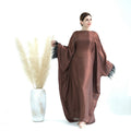 Luxury Muslim Women Evening Dresses Long Sleeve Feather Trim Abaya Elegant Shimmer Eid Abaya Dubai Dress