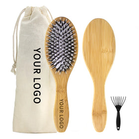 Custom Logo Detangling Natural Bamboo Boar Nylon Paddle Brush for Wigs Hair Extensions and Home Use