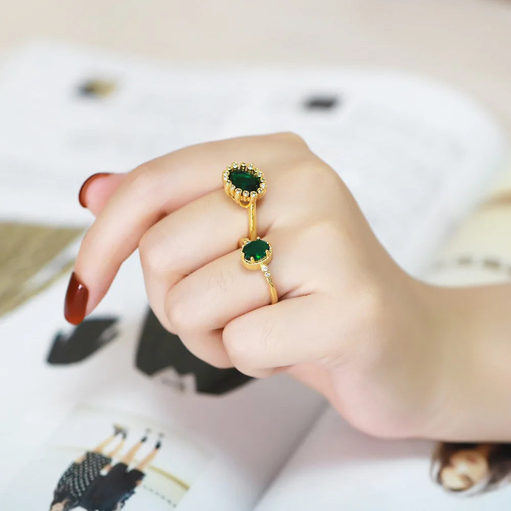 Various Shapes High End Emerald Malachite Green Zirconia Ring Women's Open Adjustable love Ring
