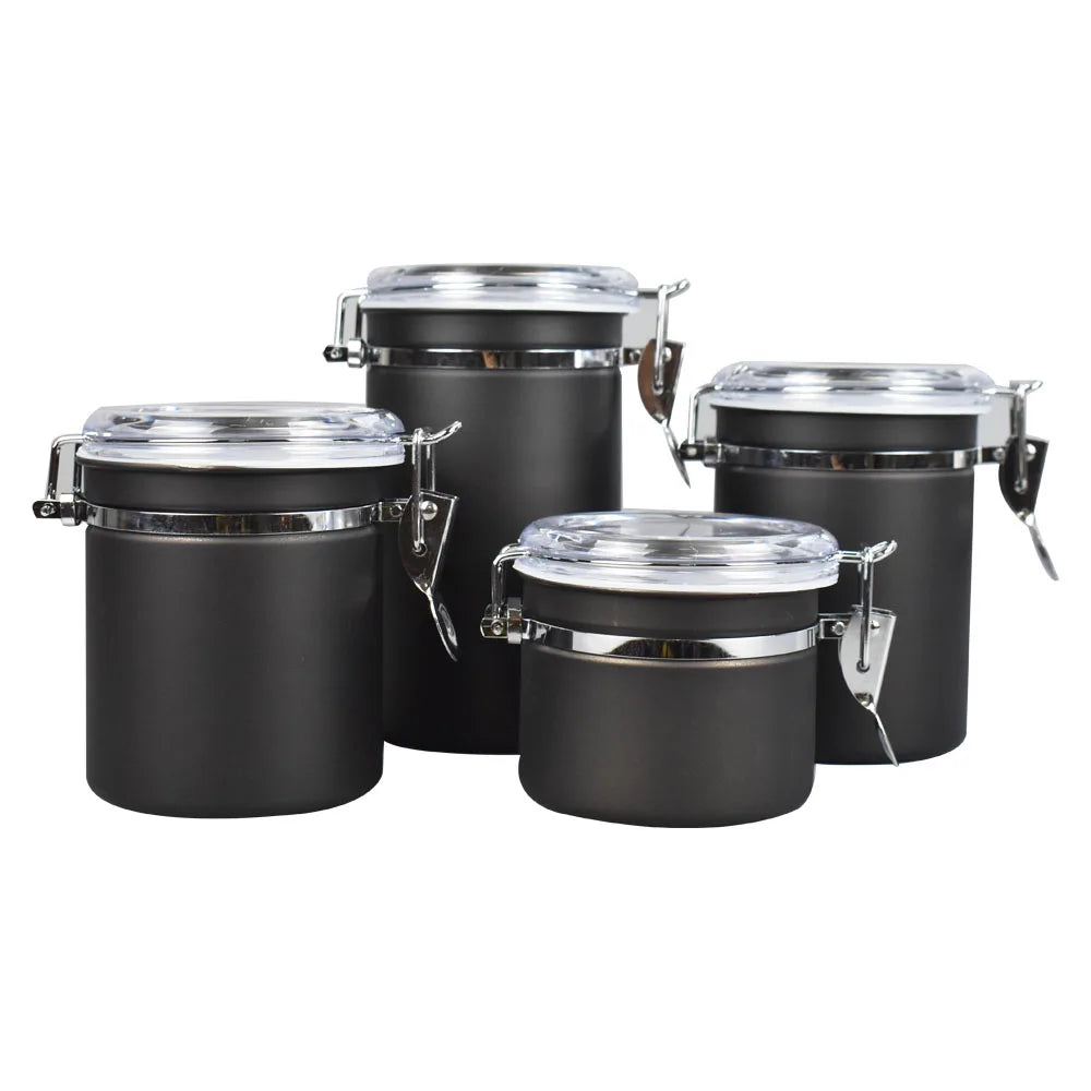 Black Stainless Steel Kitchen Canisters Set Tea Coffee Sugar Storage Jars with Locking Metal Food Canister