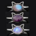 100% Natural Stone Moonstone Lepidolite Cat Ring for Women Crystal Quartz Gemstone Adjustable Opening Ring Jewelry