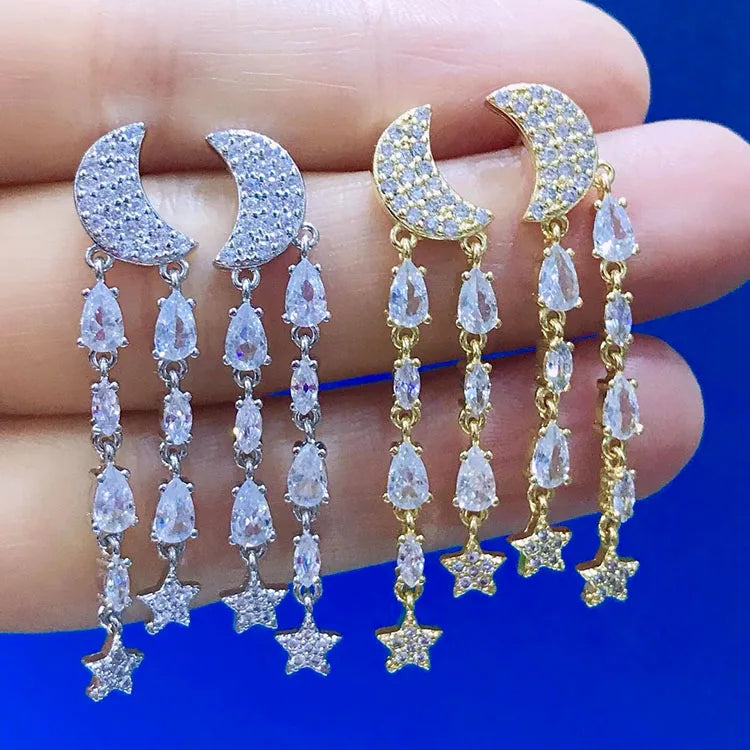 EC1681 Celestial Jewelry Long 18k Gold Plated CZ Micro Pave Crescent Moon and Star Tassel Dangle Charms Stud Earrings