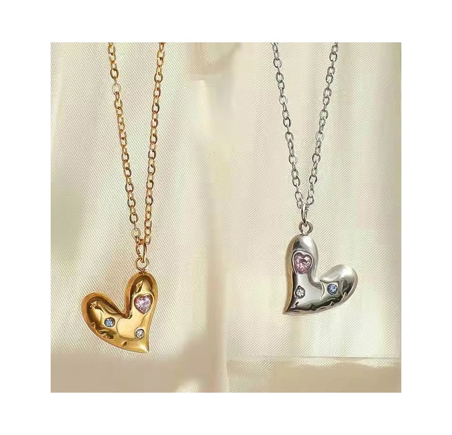 GT Trendy Colorful Crystal Zircon Love Titanium Steel Necklace No Fading Heart Pendant Necklace for Women Jewelry