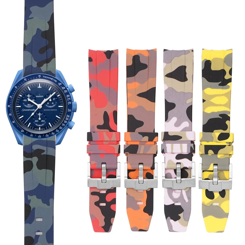 In Stock Camo Printed 20mm Waterproof Silicone Rubber Curved End Dive Watch Band Rubber Strap for Moonswatch