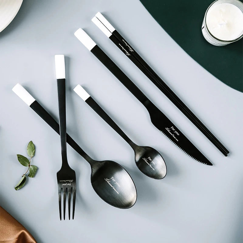 INS Style Custom Logo Elegant Black Matte Flatware Color Splicing Heavy Weight Stainless Steel Cutlery Set for Hotel Wedding