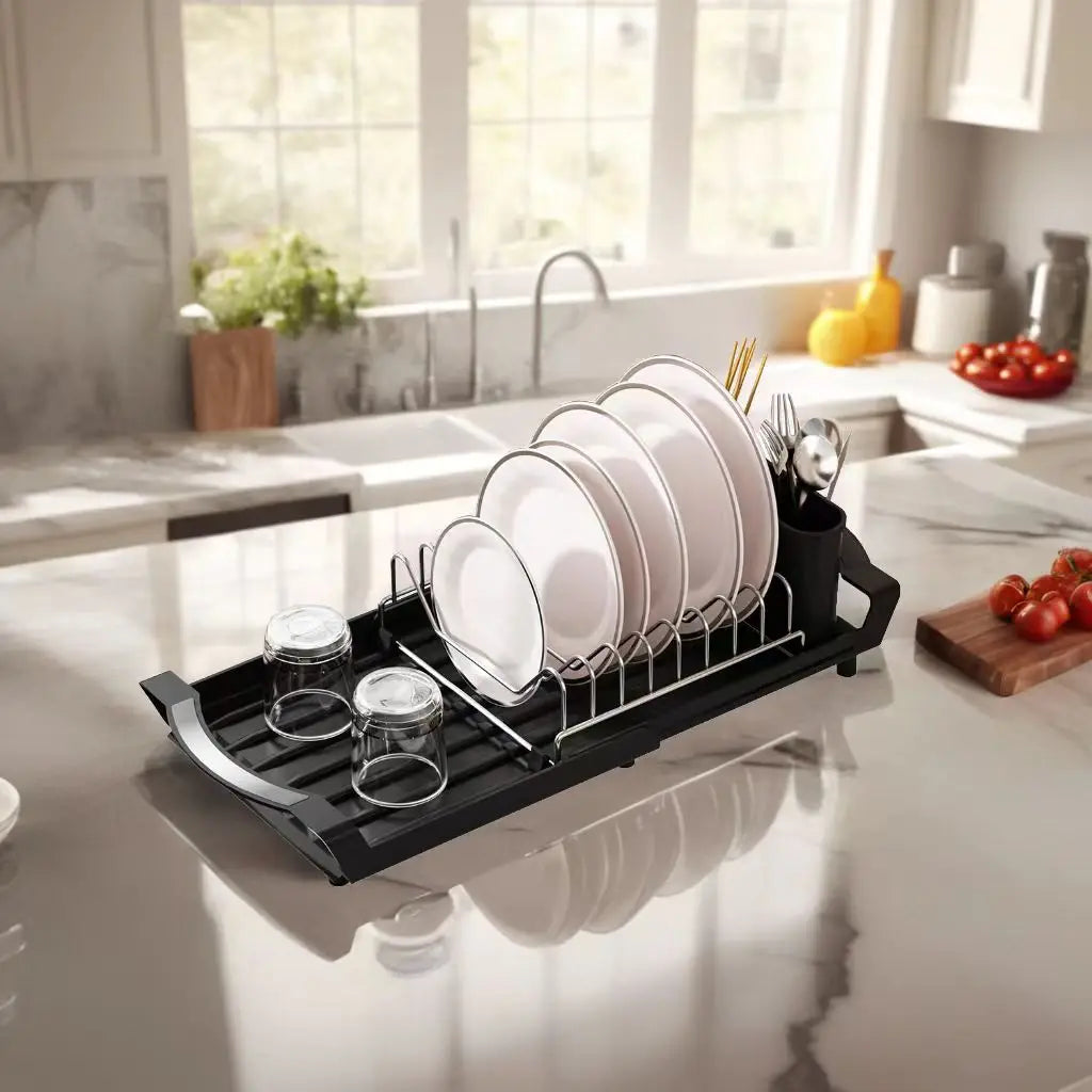 Expandable Dish Drying Rack Dish Racks for Kitchen Counter Adjustable Spout Dish Strainers with Utensil Holder
