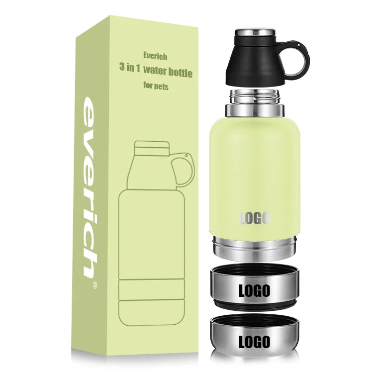 Everich New Design 32oz 64oz Outdoor Travel Portable 304 Stainless Steel Drinking Pet Dog 3 in 1 Water Bottle