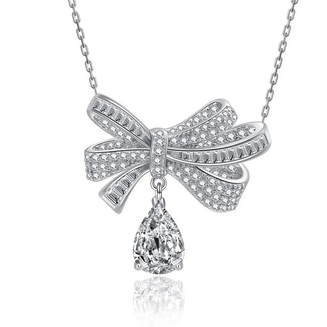 Fine Jewelry Pure 925 Sterling Silver Jewelry Zircon Stone Bow Necklace