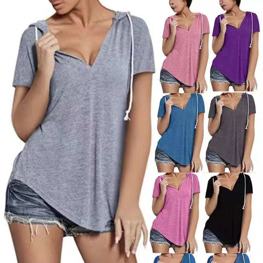 Wholesale Custom Logo Summer Solid Color V-neck Short Sleeve Casual T-shirt Women Blank Pullover Hooded T Shirts Tops