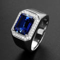 Brass Men Rings White Gold Plated Retangular Blue Zircon Stones Sapphire Adjustable Rings for Men