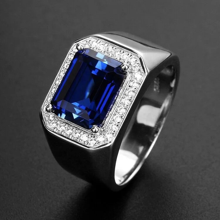 Brass Men Rings White Gold Plated Retangular Blue Zircon Stones Sapphire Adjustable Rings for Men