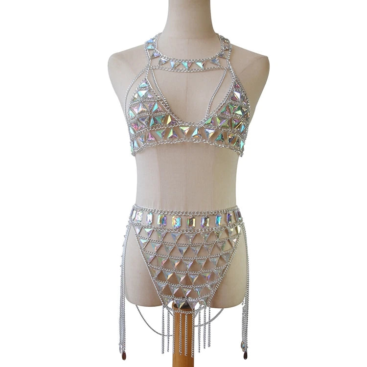 RL-120 Night Bar Women Jewelry Tassel Square Triangle Drop Rhinestone Crystal Diamond Tops and Bottoms Suit Body Chain