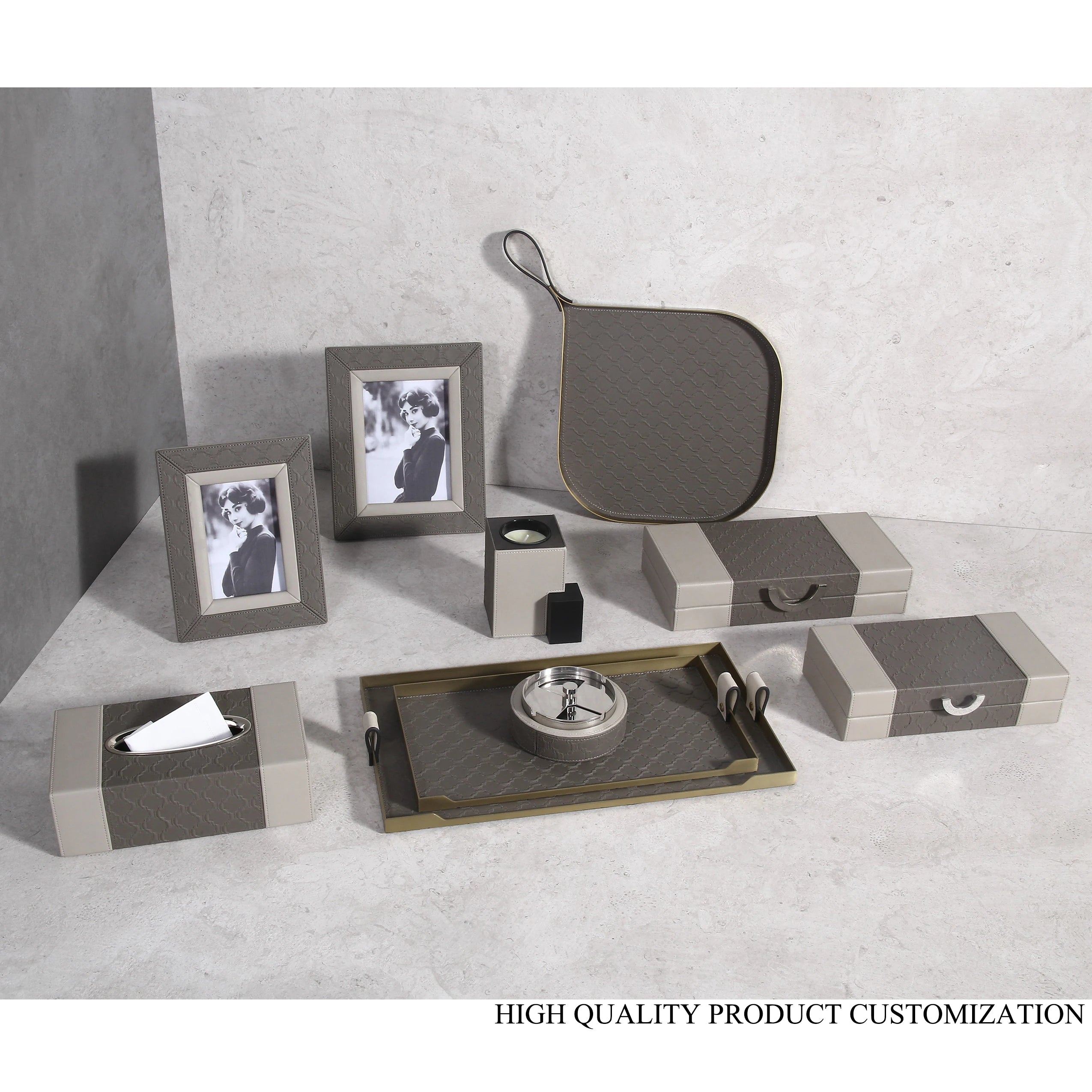 M3-069 Custom Jewelry Box Modern Luxury Wooden Holder Gold Candelabra European Home Decor Metal Serving Tray Leather Tissue Box