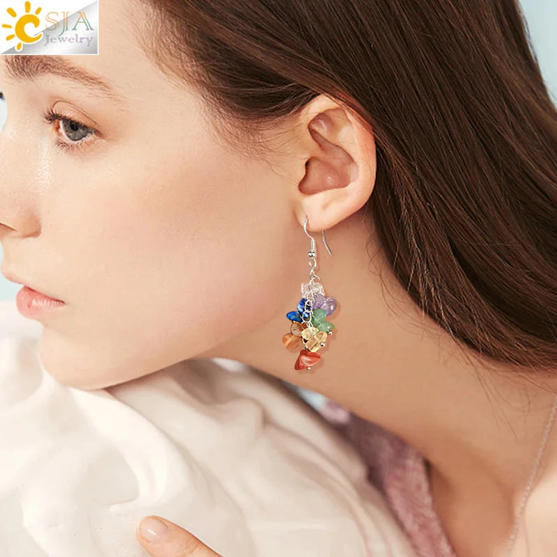 CSJA Natural Chipped Stone 7 Chakra Irregular Bead Crystal Drop Dangle Earrings for Women G458