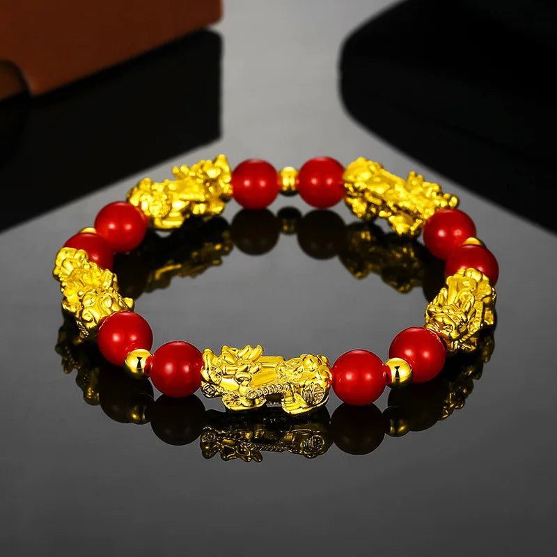 Trendy Gold Plated Wealth Pixiu Lucky Bracelet Glass Beads Beaded Animal Amulet Men Women's Bracelet
