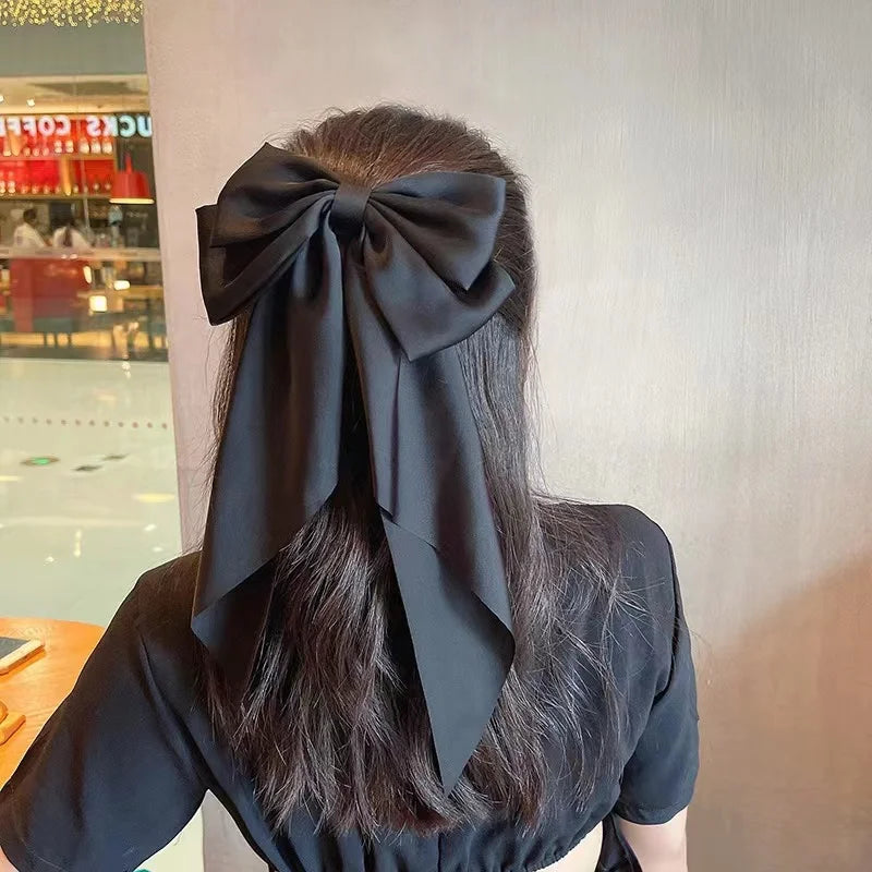 New Arrival Korea Style Spring Simple Fashion Big Bow Hair Clips Black /white Color Women Elegant Hair Clips Long Tassel