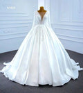 Customized Ball Gown Scoop Neck Full Sleeves Pearls Beaded Bridal Gowns Satin Wedding Dresses with Chapel Train MegaBDM