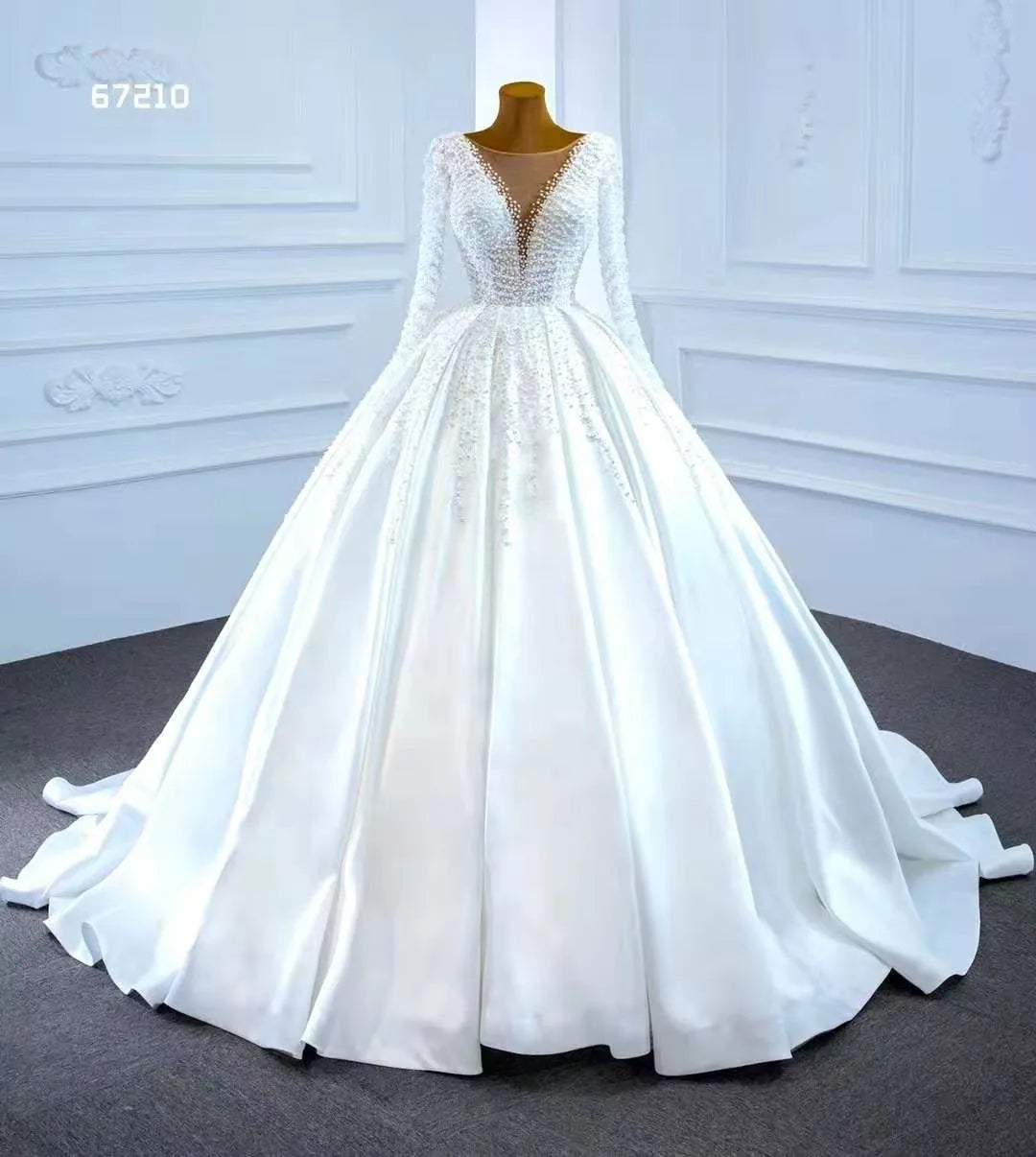 Customized Ball Gown Scoop Neck Full Sleeves Pearls Beaded Bridal Gowns Satin Wedding Dresses with Chapel Train MegaBDM
