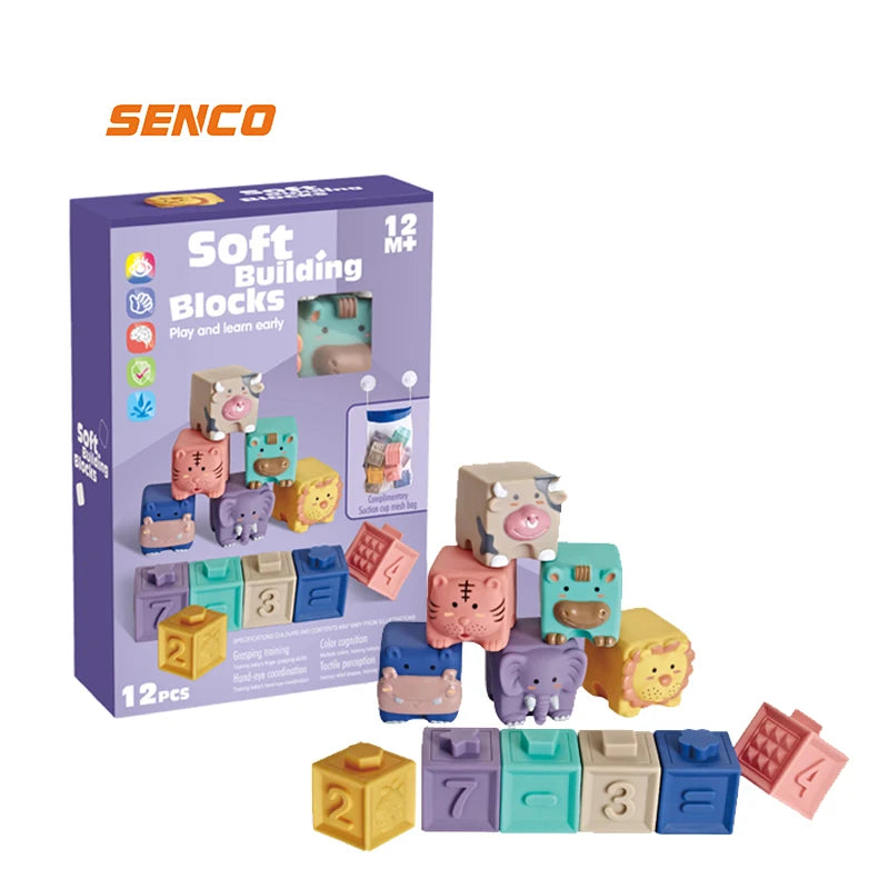 Wholesale 3D Touch Silicon Stacking Toy Animal and Digital Blocks Sensory Toys Kids Bath Toy Soft Building Blocks