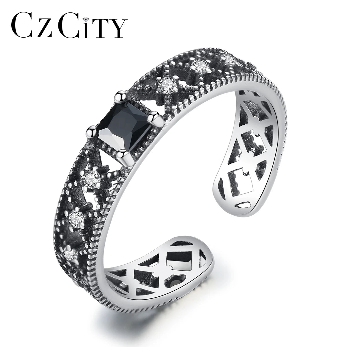 CZCITY Dainty Square Black Cubic Zirconia Stone Free Size 925 Woman Diamond Man Cool Ring
