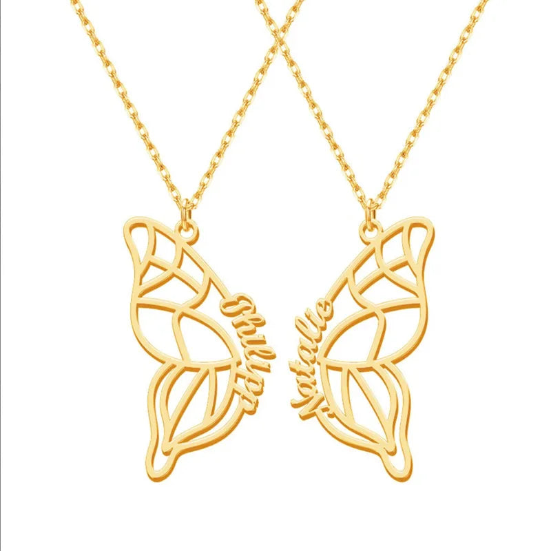 Qiuhan BFF Sisters  Stainless Steel 18K Gold  Butterfly Personalized Name Necklace