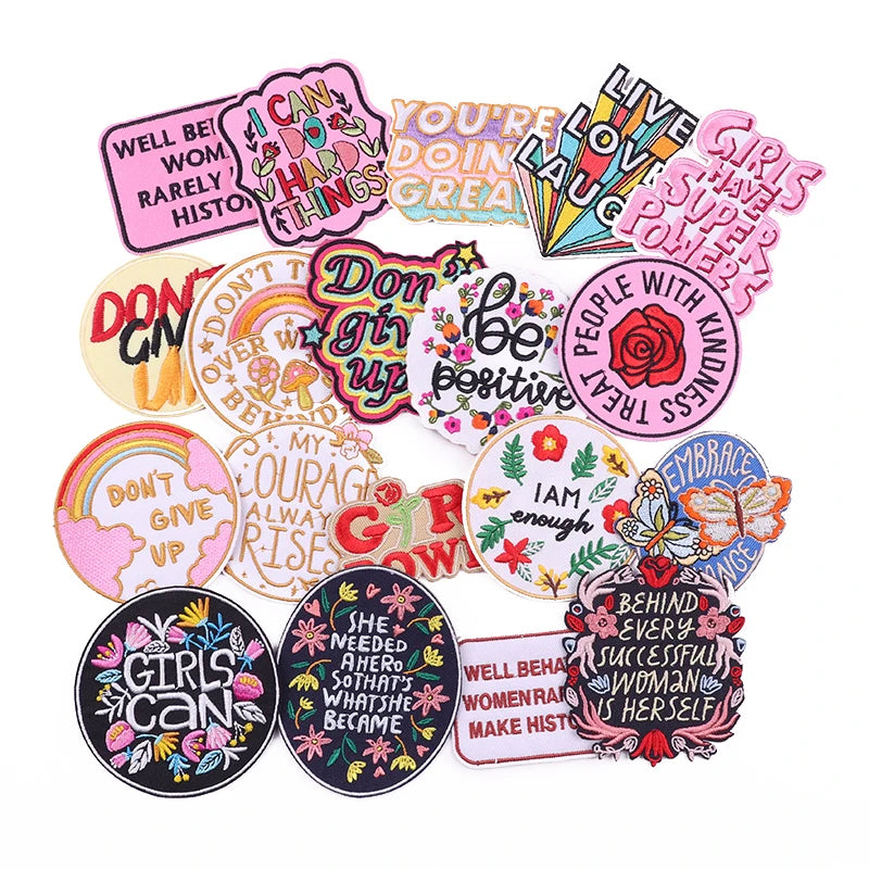 Wholesale Aplique Fashion Girl Power Letter Flower Embroidered Patches Custom logo Embroidery Iron on Patch for Hat Clothing