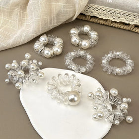 1pc Roll Phone Wire Hair Ring Tie Accessories Transparent Telephone Line Spiral Hair Bands Pearl Phone Cord Hair Ties with Beads
