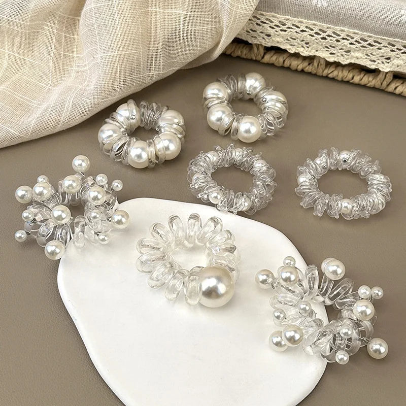 1pc Roll Phone Wire Hair Ring Tie Accessories Transparent Telephone Line Spiral Hair Bands Pearl Phone Cord Hair Ties with Beads