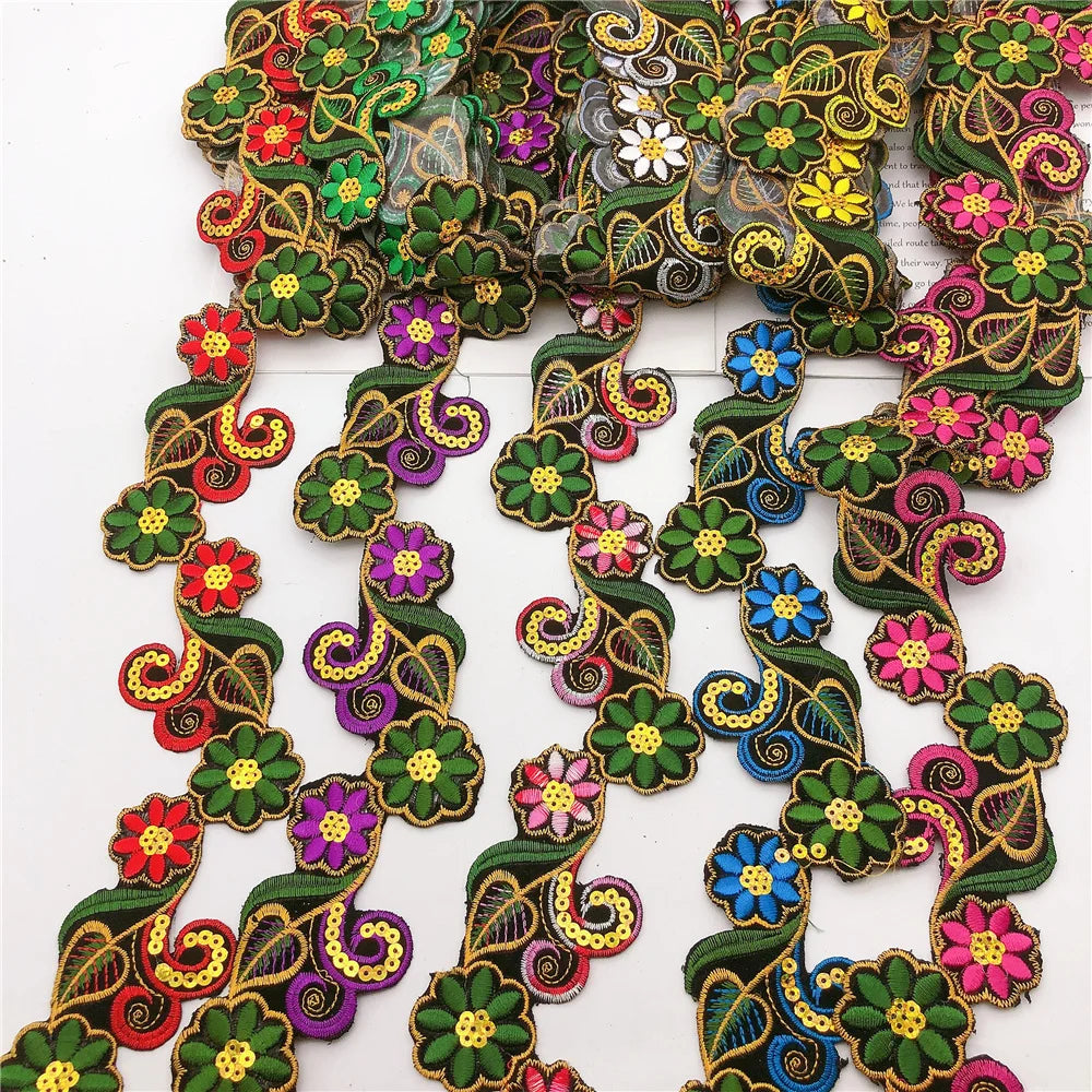 2021new Sequins Lace Ribbon  Embroidered Flower Trim Tape Iron on Fabric Diy Clothes 8color