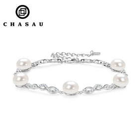 Women's Handmade 925 Sterling Silver Bracelet 8mm Freshwater Cultured White Pearl Cubic Zirconia Gold Plating for Gifts Parties