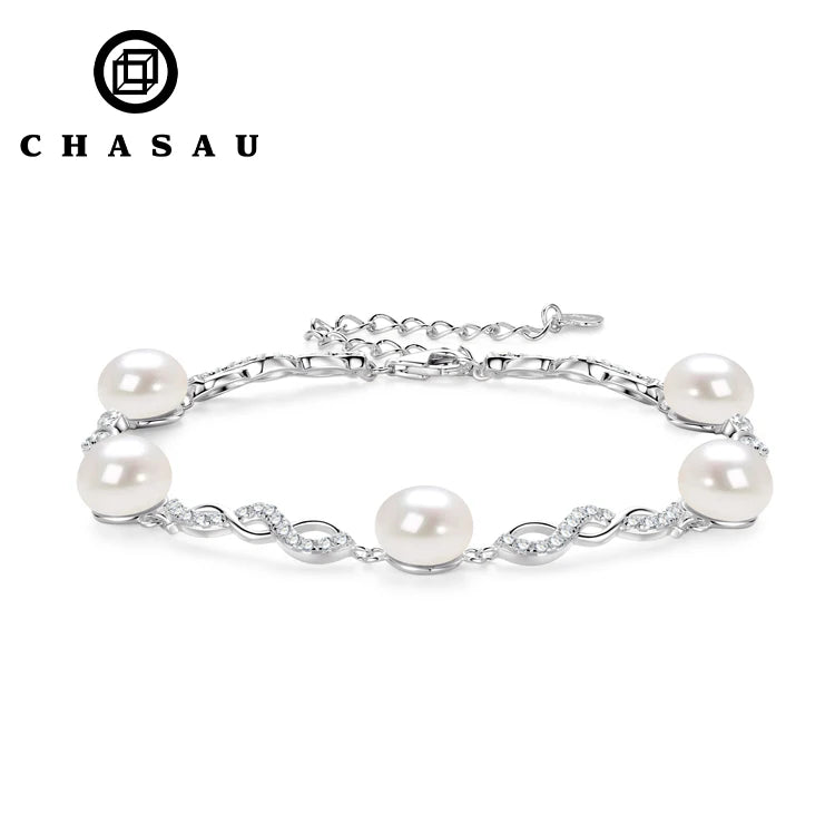 Women's Handmade 925 Sterling Silver Bracelet 8mm Freshwater Cultured White Pearl Cubic Zirconia Gold Plating for Gifts Parties