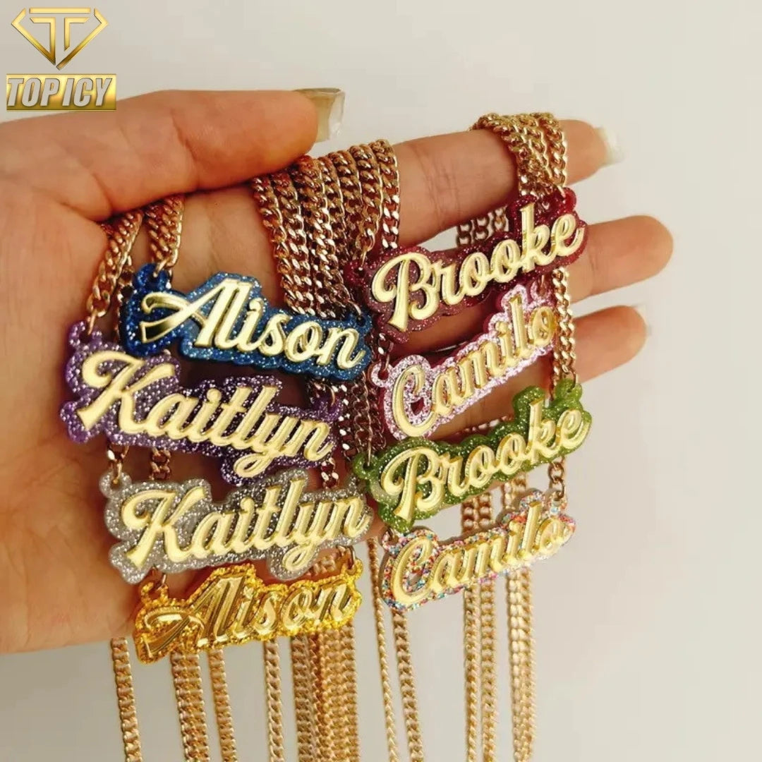 Custom Acrylic Name Necklace Double Layer Glitter Personalized Color Cuban Chain Claw Setting Anniversary Fashion Jewelry