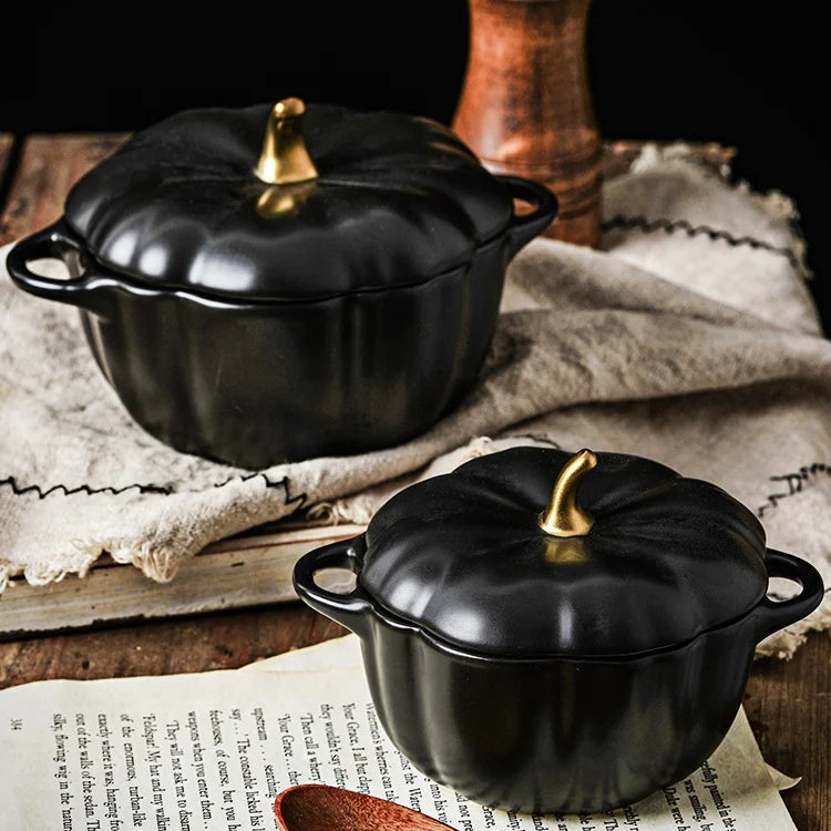 Fine Porcelain Tableware Japanese Style Ceramic Pumpkin Shape Bowl Binaural Baking Black Soup Bowl With Lid