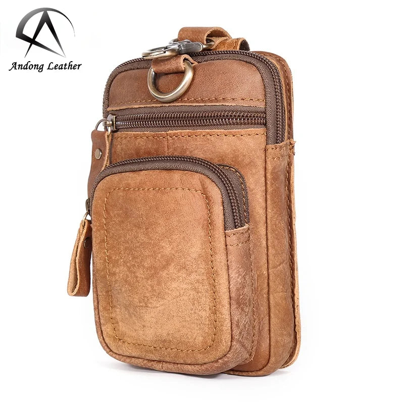 Andong Running Retro Leisure Sports Waist Bag Men Genuine Leather Cowhide Wear Belt Pack Bags Phone Pocket Wallet Purse