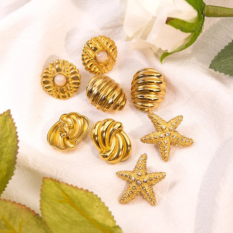 Powell 18K Gold Plated Stainless Steel Stud Earrings Trendy Geometric Diamond Zircon Set for Parties and WholesalePearl Studs