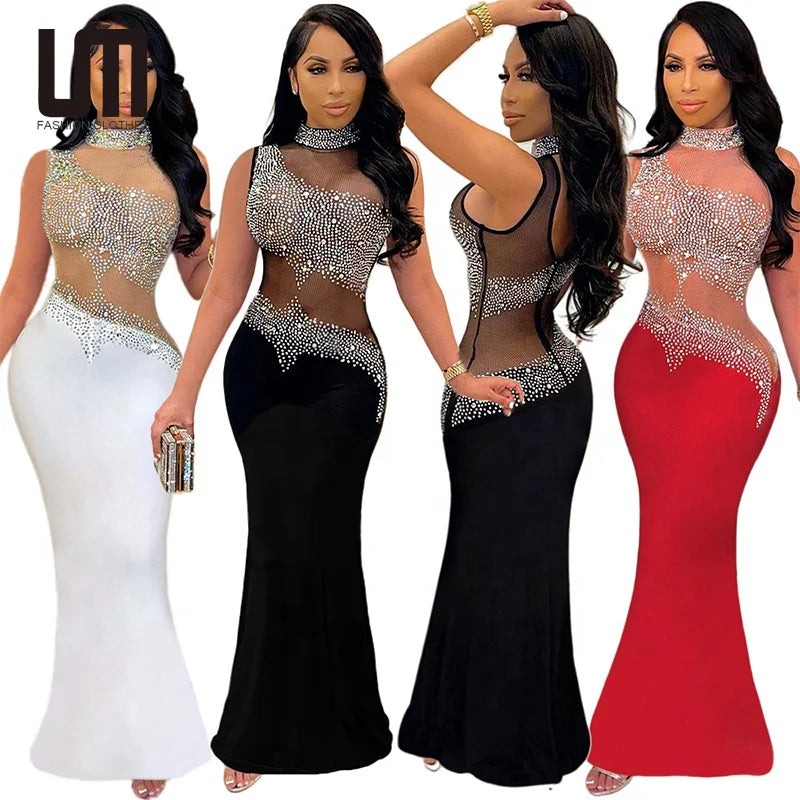 OEM Trending Products Women Luxury Sleeveless O Neck Mesh Patchwork Crystal Floor Length Evening Dress