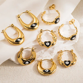 Vintage Gold Plated Enamel Devil Eye Heart Drop Earrings Waterproof Stainless Steel Evil Eyes Hoop Earrings for Women