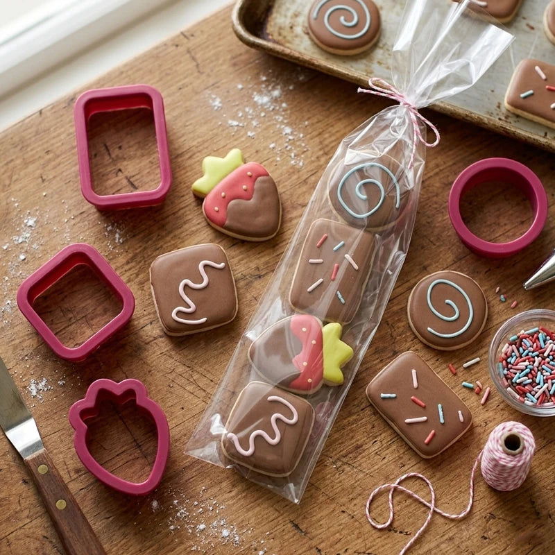 4Pcs Mini Valentine's Day Cookie Cutter Set - Plastic Strawberry & Geometric Shapes Fondant Biscuit Mold for DIY Baking & Gifts