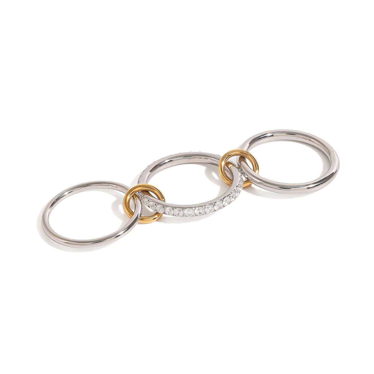 J&D Jewelry Two Tone Clear Zirconia Three Piece Set Ring 18K PVD Gold Plated Stainless Steel Semi-precious Ring Set for Woman